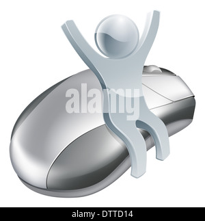 Computer mouse man internet concept, happy figure with arms raised sitting on a computer mouse Stock Photo