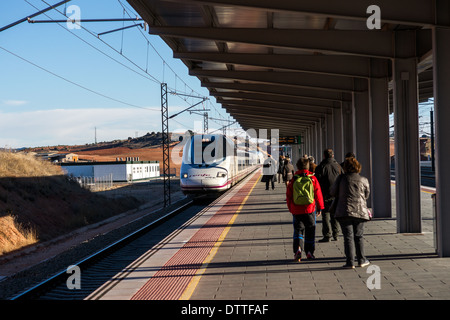 High-speed train arriving at the station of Cuenca, Castille-La Mancha, Spain Stock Photo