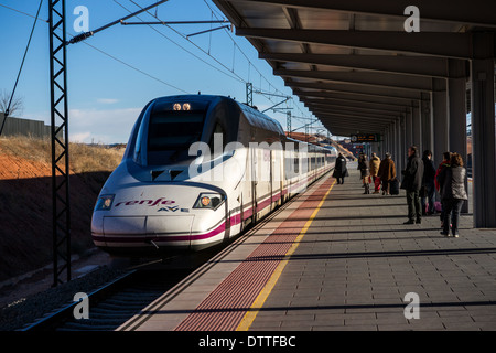High-speed train arriving at the station of Cuenca, Castille-La Mancha, Spain Stock Photo