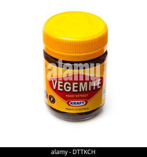 Vegemite, Australian yeast extract spread isolated on a white studio background. Stock Photo