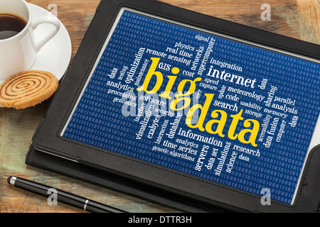 big data word cloud on a digital tablet with a cup of coffee Stock Photo