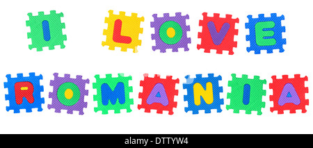 Message I Love Romania, from letters puzzle, isolated on white background. Stock Photo