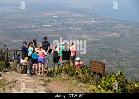 Tourists, scenic overlook with view of Granada on Mombacho volcano, Nicaragua Stock Photo