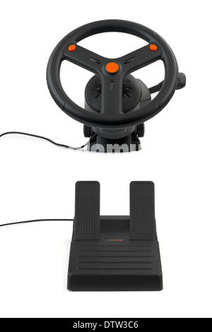 Computer steering wheel and pedals Stock Photo