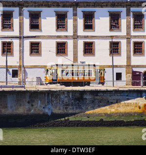 Passeio Alegre Number 1 Tram going along the Douro River in Porto, Portugal Stock Photo