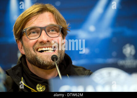 Saint Petersburg, Russia. 24th Feb, 2014. Borussia Dortmund's head coach Juergen Klopp holds a press conference in Saint Petersburg, Russia, 24 February 2014. Borussia Dortmund will face FC Zenit Saint Petersburg in the UEFA Champions League round of sixteen first leg soccer match in St. Petersburg on 25 February 2014. Photo: BERND THISSEN/DPA/Alamy Live News Stock Photo