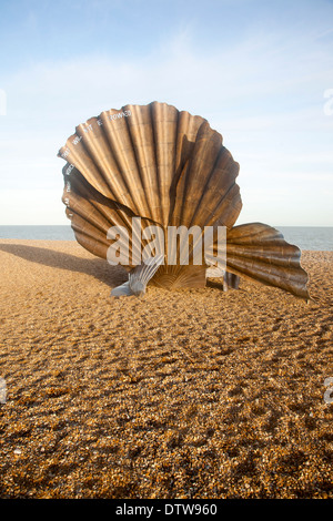 Scallop sculpture by artist Maggi Hambling, on shingle beach at Aldeburgh, Suffolk, England