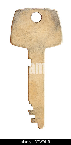 one brass flat key isolated on white background Stock Photo