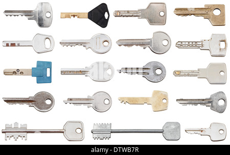 set of different door keys isolated on white background Stock Photo