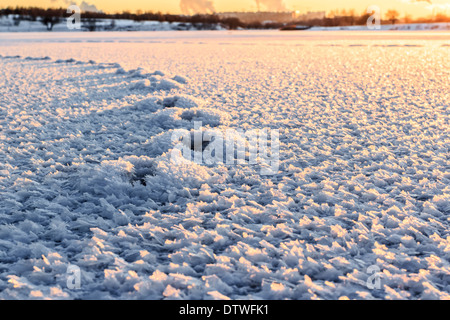Large crystals of snow at sunset on the ice surface Stock Photo