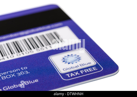 MUNICH, GERMANY - FEBRUARY 24, 2014: Barcode, magnetic stripe and logo on backside of Tax Free plastic card. Isolated on white. Stock Photo