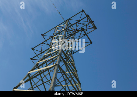 An transmission tower is loaded with birds but has only one line extending from it as it leaves a small solar panel field. Stock Photo
