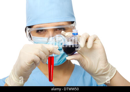 Doctor with vials isolated on white Stock Photo