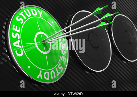 Case Study. Three Arrows Hitting the Center of Green Target on Black Background. Stock Photo