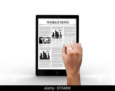 Tablet computer showing world newspaper Stock Photo