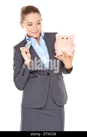 Woman deciding whether to spend or save Stock Photo