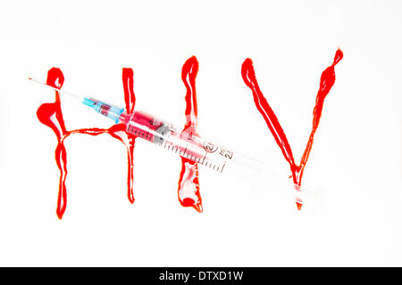 HIV spelled out in blood and syringe Stock Photo