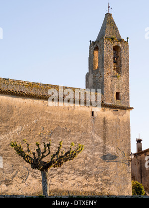 Ancient Church, New Growth. A heavily pruned tree sprouts new spring leaves at the side of an ancient rural church in Catalonia. Stock Photo