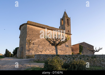 Ancient Church, New Growth. A heavily pruned tree sprouts new spring leaves at the side of an ancient rural church in Catalonia. Stock Photo