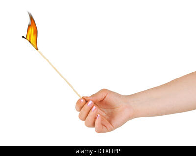 Hand with big burning match Stock Photo