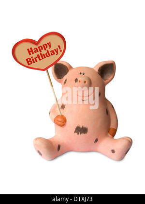 Funny pig with heart Happy birthday Stock Photo
