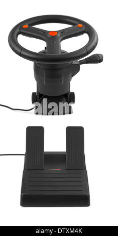 Computer steering wheel and pedals Stock Photo