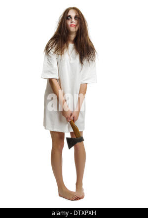 Zombie girl with axe isolated on white Stock Photo