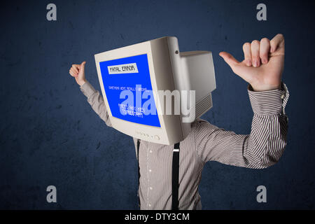 Person with a monitor head and fatal error blue screen on the display Stock Photo