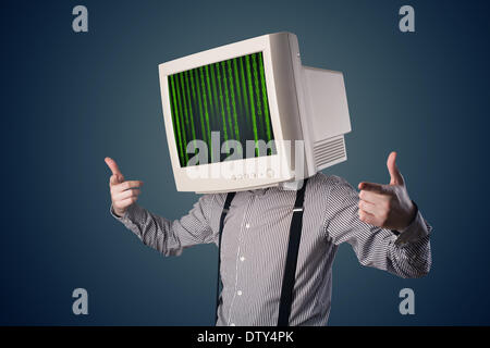 Cyber human with a monitor screen and computer code on the display Stock Photo