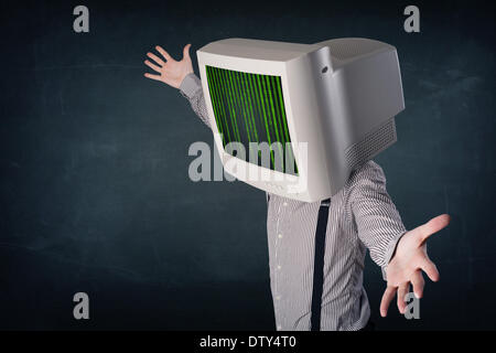 Cyber human with a monitor screen and computer code on the display Stock Photo