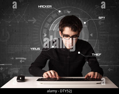 Young hacker in futuristic enviroment hacking personal information Stock Photo