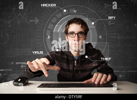 Young hacker in futuristic enviroment hacking personal information Stock Photo