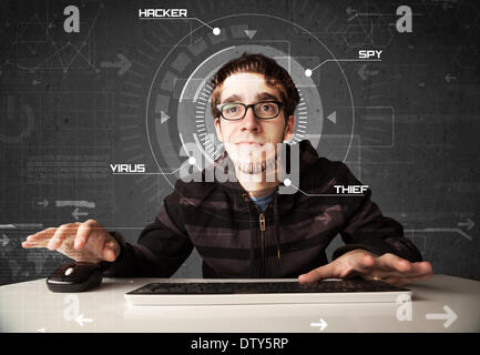 Young hacker in futuristic enviroment hacking personal information Stock Photo