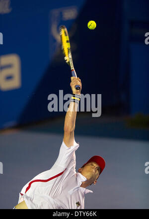 (140225) -- ACAPULCO, Feb. 25, 2014 (Xinhua) -- Sam Querrey of the United States serves to Tigre Hank of Mexico during the men's singles match at 2014 Mexican Open tennis tournament in Acapulco, Mexico, on Feb. 24, 2014. Sam Querrey won 2-1. (Xinhua/Jesus Espinosa) (da) Stock Photo