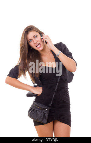 young beautiful business woman talking and having discussion over phone Stock Photo