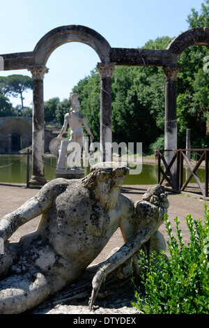 Lounging statue figure at curved north end monumental mystical Canopus Villa Adriana Tivoli Italy Canopus a Stock Photo