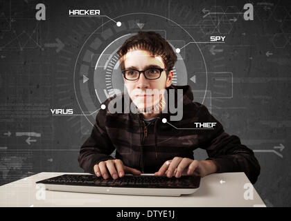 Young hacker in futuristic enviroment hacking personal information Stock Photo