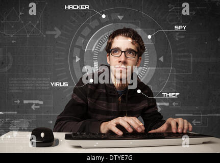 Young hacker in futuristic enviroment hacking personal information Stock Photo
