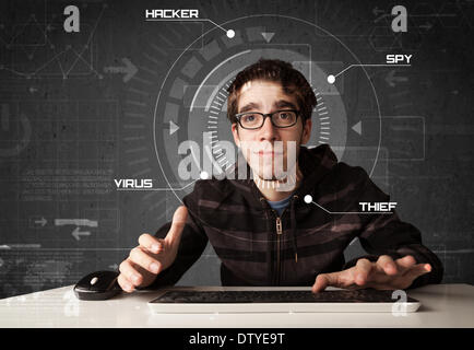 Young hacker in futuristic enviroment hacking personal information Stock Photo