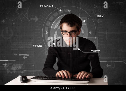 Young hacker in futuristic enviroment hacking personal information Stock Photo