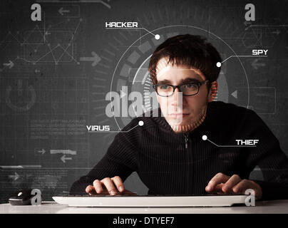 Young hacker in futuristic enviroment hacking personal information Stock Photo