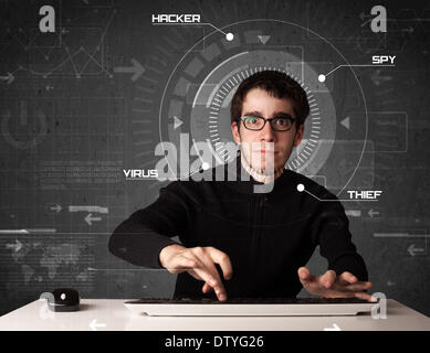 Young hacker in futuristic enviroment hacking personal information Stock Photo