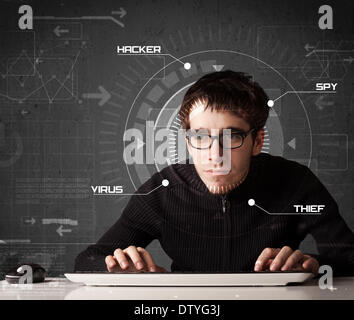 Young hacker in futuristic enviroment hacking personal information Stock Photo