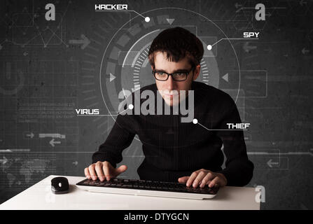 Young hacker in futuristic enviroment hacking personal information Stock Photo