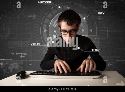 Young hacker in futuristic enviroment hacking personal information Stock Photo