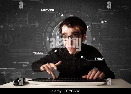 Young hacker in futuristic enviroment hacking personal information Stock Photo