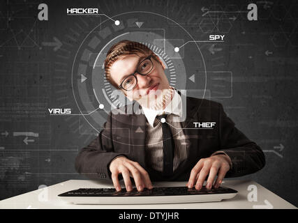 Young hacker in futuristic enviroment hacking personal information Stock Photo