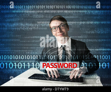 Young geek hacker stealing password Stock Photo