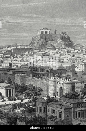 Acropolis, reconstruction from the 19th Century, historical book ...