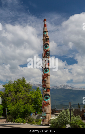 The Two Brothers Totem Pole in Jasper, Alberta, Canada. Stock Photo